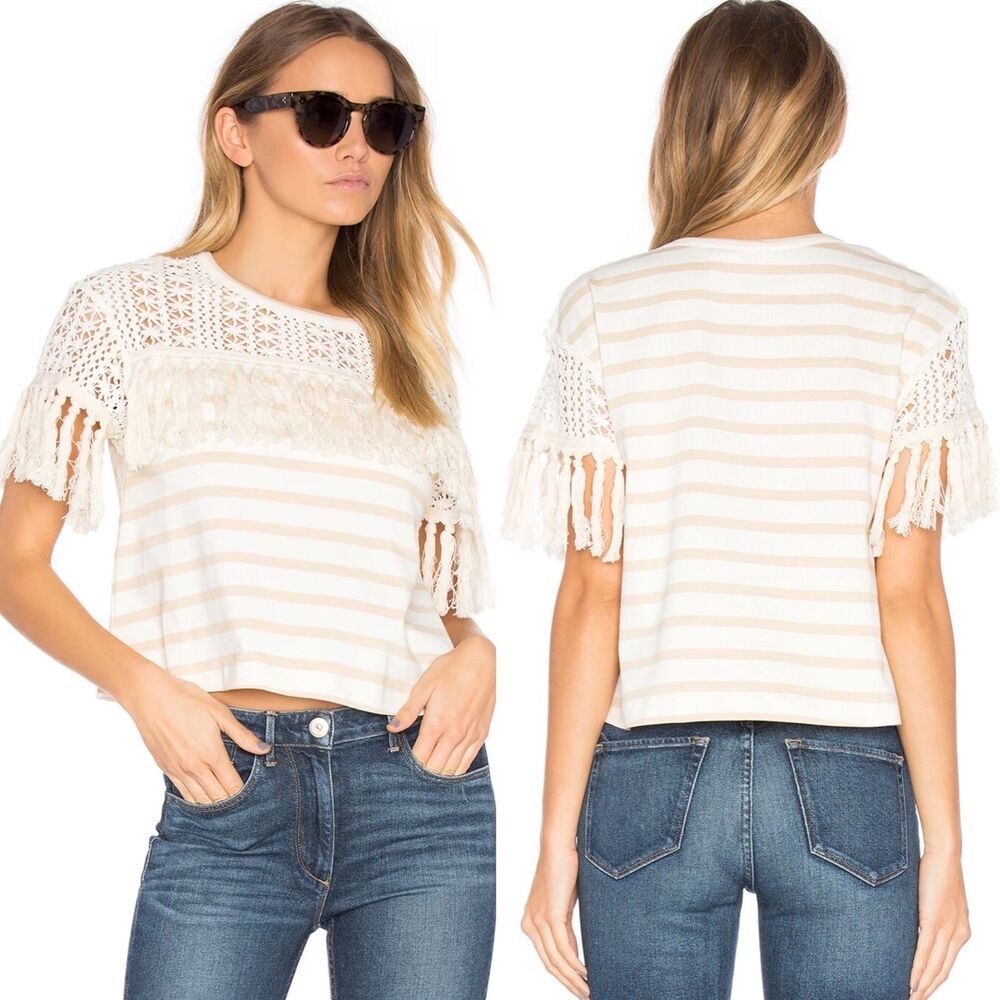 See by Chloe Short Sleeve Fringe Top Medium Cream Stripe Crochet Bohemian Crop